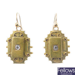 A pair of late 19th century gold diamond ear pendants.