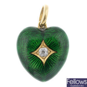 An early 20th century 18ct gold diamond and enamel pendant.
