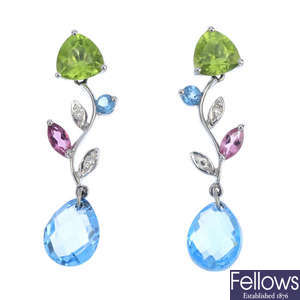 A pair of 18ct gold diamond and gem-set ear pendants.