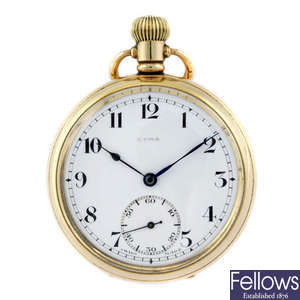 A gold plated open face pocket watch by Cyma.