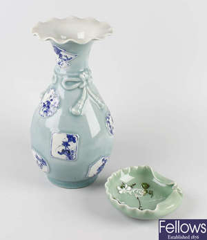 A Japanese celadon porcelain vase, plus a shallow porcelain dish.