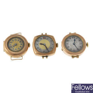 A group of five lady's manual wind 9ct yellow gold watch heads.