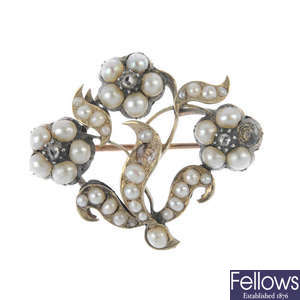 A mid 19th century gold, diamond and split pearl brooch. 