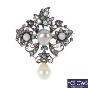 A late 19th century silver and gold natural pearl, cultured pearl and diamond brooch.