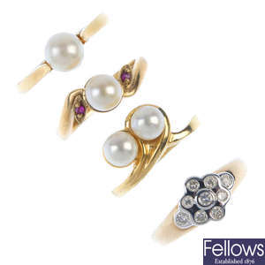 A selection of four 9ct gold diamond and cultured pearl dress rings. 