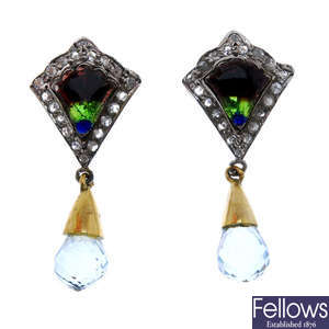 A pair of enamel, aquamarine and diamond ear pendants. 