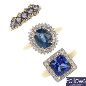 A selection of three 9ct gold gem-set rings.