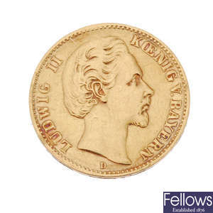 Germany, Bavaria, Ludwig II, gold 10-Mark 1877D. 