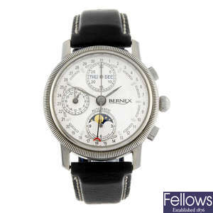BERNEX - a gentleman's stainless steel triple date chronograph wrist watch.