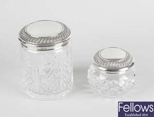 Two Waterford mounted cut glass dressing table jars.
