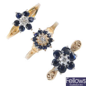 A selection of six 9ct gold sapphire, diamond and paste rings.