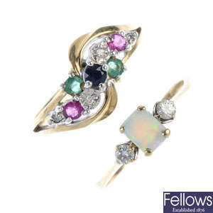A selection of three 9ct gold gem-set and diamond dress rings. 