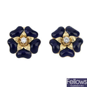 A pair of diamond and enamel floral earrings. 