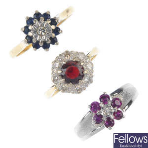 A selection of three diamond and gem-set cluster rings.