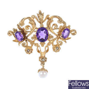 A 9ct gold amethyst and cultured pearl brooch.