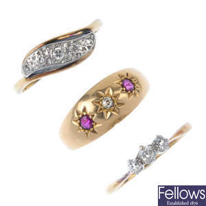 A selection of three early 20th century 18ct gold diamond and gem-set rings.