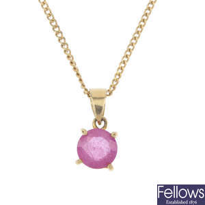 An 18ct gold glass-filled ruby single-stone pendant. 