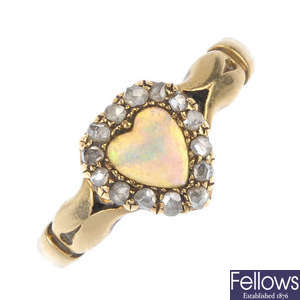 A late Victorian 18ct gold opal and diamond heart cluster ring.