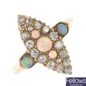 A late Victorian 18ct gold opal and diamond cluster ring.