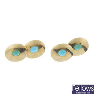 A pair of early 20th century 18ct gold turquoise cufflinks.