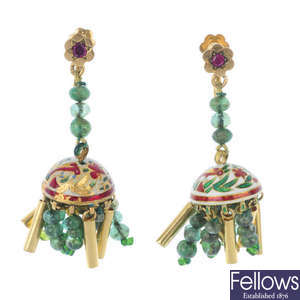 A pair of emerald, paste and enamel ear pendants