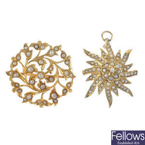 An early 20th century 15ct gold split pearl brooch and a split pearl pendant. 