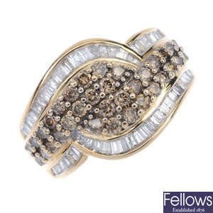 A 9ct gold 'brown' diamond and diamond ring.