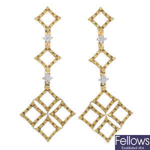 A pair of 9ct gold 'yellow' diamond and diamond ear pendants.