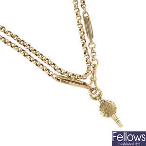 A late 19th century 9ct gold longuard chain and 12ct gold watch key.