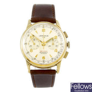 LEMANIA - a gentleman's 18ct yellow gold chronograph wrist watch.
