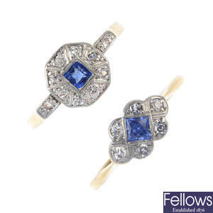 Two early to mid 20th century 18ct gold and platinum sapphire and diamond rings.