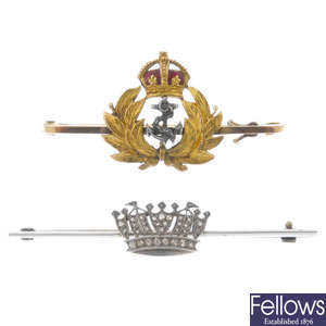 Two naval crown brooches.