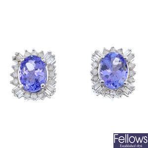 A pair of tanzanite and diamond cluster ear studs.