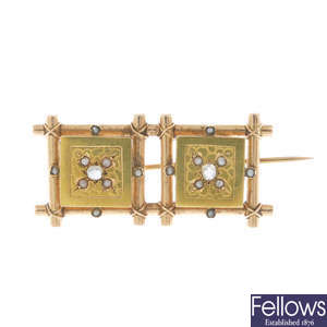 A late 19th century Aesthetic movement gold, diamond and split pearl brooch. 