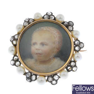 An early 20th century 18ct gold diamond and seed pearl portrait brooch.