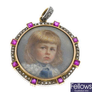 An early 20th century 18ct gold ruby and diamond miniature portrait pendant.