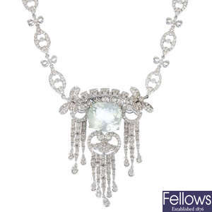 An 18ct gold aquamarine and diamond necklace.