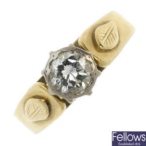 A diamond single stone ring, in yellow gold mount.