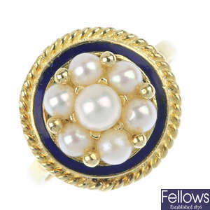 A cultured pearl and enamel dress ring. 