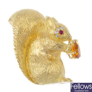An 18ct gold gem-set and diamond squirrel brooch.