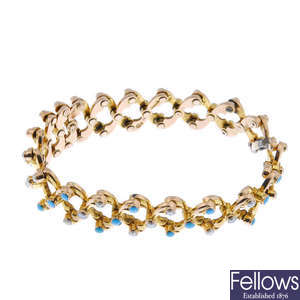 An early 20th century 9ct gold turquoise and split pearl expandable bracelet.