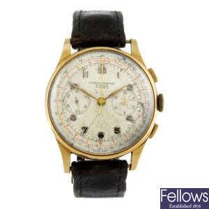 CHRONOGRAPHE SUISSE - a gentleman's yellow metal chronograph wrist watch.