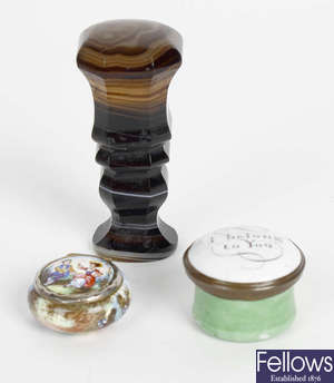 An agate seal, plus an enamel vinaigrette pendant and pill box.  