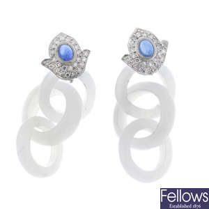 A pair of sapphire, diamond and jade ear pendants.