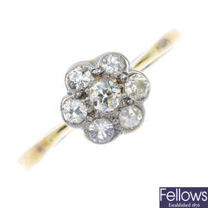 A mid 20th century gold and platinum diamond floral cluster ring.