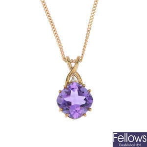 A 9ct gold amethyst pendant and 9ct gold chains. 