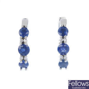 A pair of sapphire and diamond ear hoops.