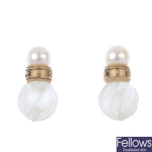 A pair of cultured pearl and rock crystal ear studs.
