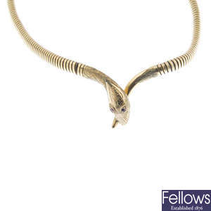 A 1970s 9ct gold snake necklace.