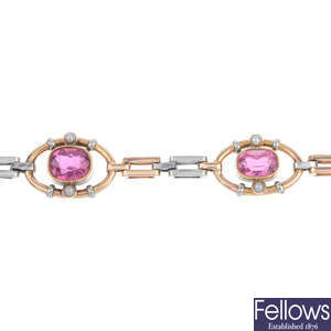 An early 20th century 15ct gold tourmaline and split pearl bracelet.